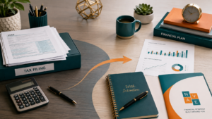 Financial strategy built around you — tax filing and financial planning desk scene