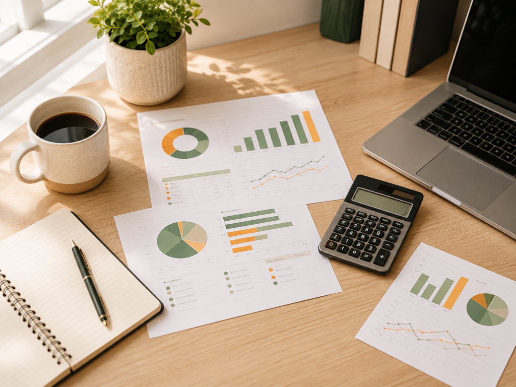 Financial reports with charts and graphs, calculator, and laptop on a desk representing business financial analysis